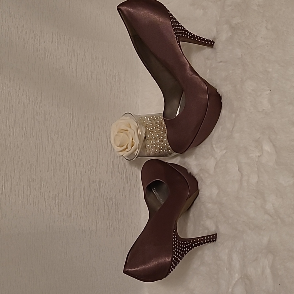Brown satin &  rhinestone heels sz 10